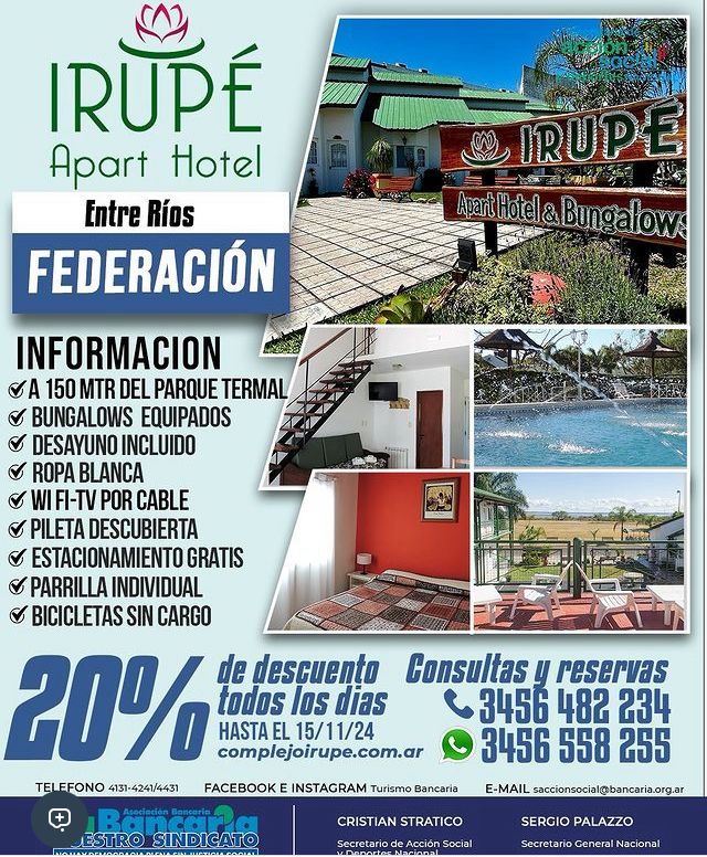 Hotel Irupé(Federación Entre Ríos) Promo hasta Noviembre 2024