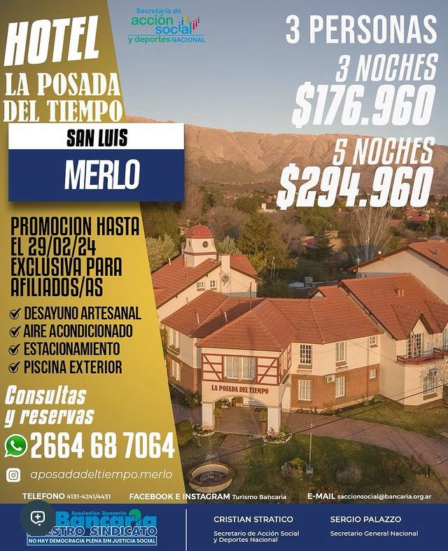Hotel Posada del Tiempo (Merlo - San Luis) Promo hasta 29 de Febrero 2024