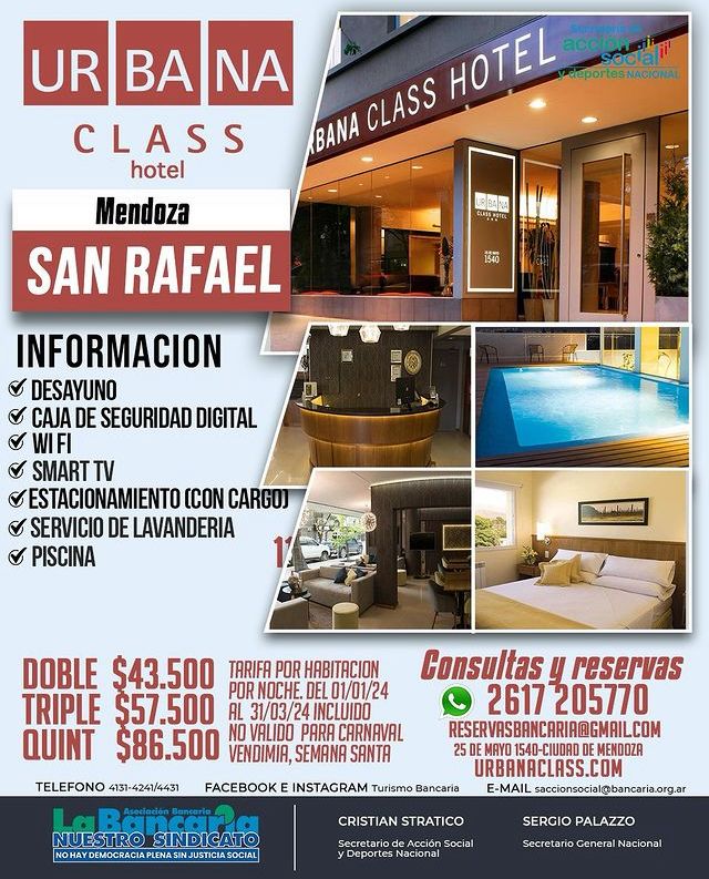 Hotel Urbana Class (San Rafael - Mendoza) Tarifas Enero a Marzo 2024