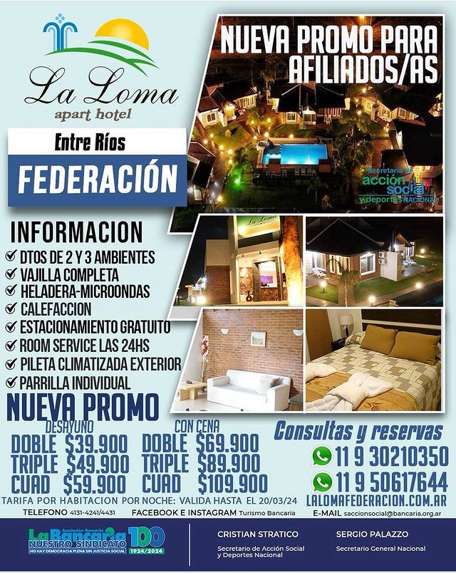 Hotel La Loma (Federación - Entre Ríos) Promo Hasta 20 de Marzo 2024
